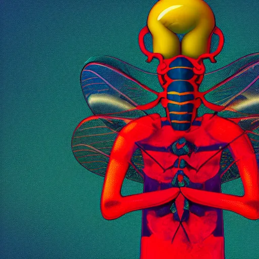 Image similar to human man that resembles a wasp morh in surreal sketch style, blue and yellow gradient, noise, ultrafine detail, hd 8k, logo illustration