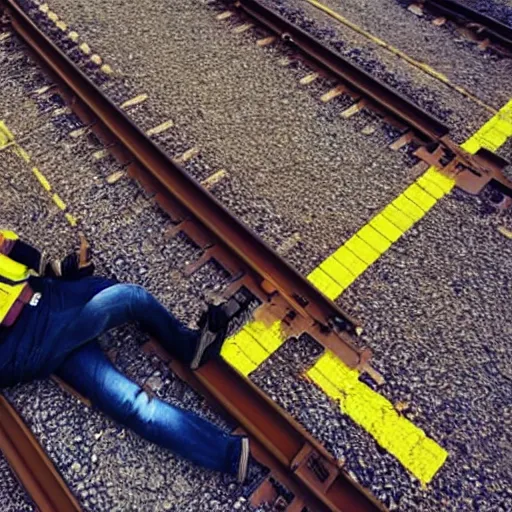 Image similar to factorio engineer laying on train tracks