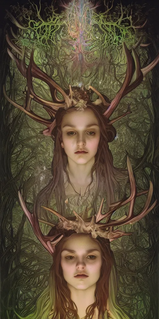 Image similar to intense bioluminescent pagan god with antlers and fangs and intense glowing eyes in very dark forest by mark ryden and alphonse mucha, portrait, fantasy, clear, light beams, lens flare, intense, uhd, amazing depth, cinematic lighting