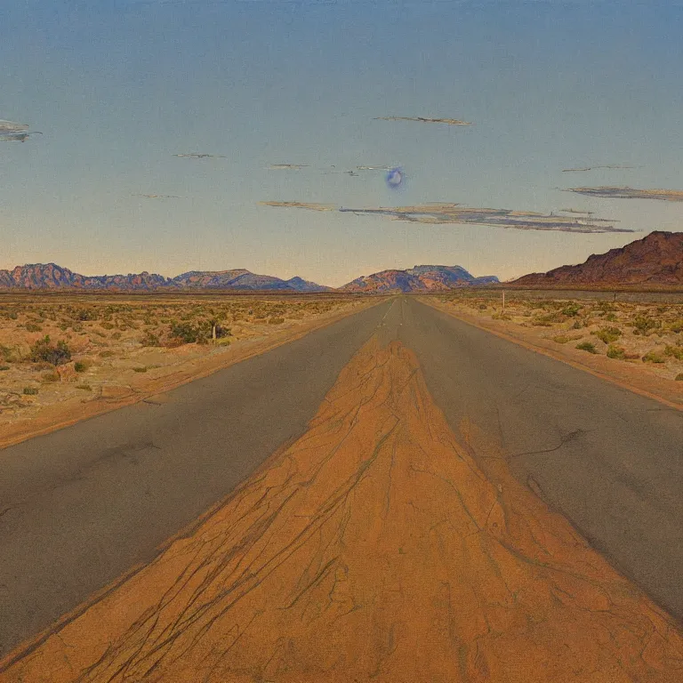 Image similar to a painting of the loneliest highway in nevada by norman rockwell, golden hour, detailed, art gallery quality