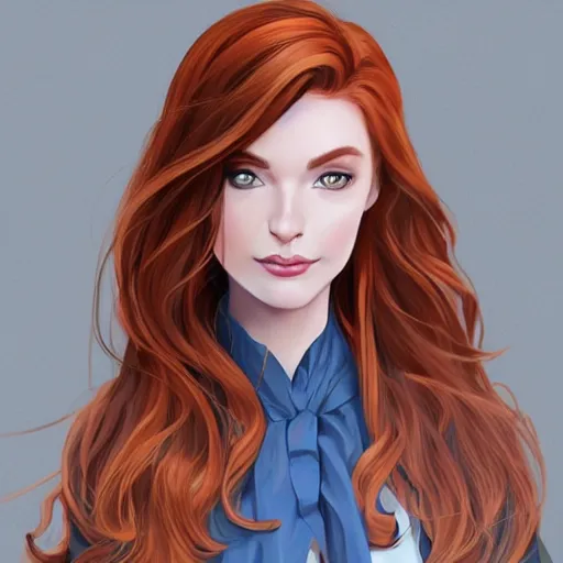 Image similar to a portrait of a young woman with auburn hair, smart, rich, traveling clothes, artist, artistic, shallan davar, blue eyes, beautiful, smiling, thick hair, dnd, rpg, shy, quick witted, artgerm style
