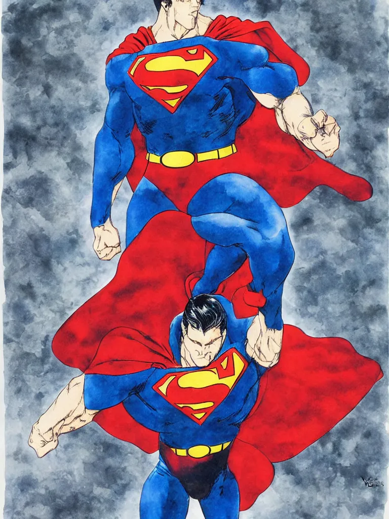 Image similar to a Superman as illustrated by Yoshitaka Amano. 1992. Watercolor and Acrylic on Paper