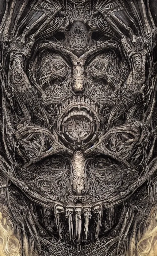 Image similar to H.R. Giger and Elden Ring themed painting of ancient hybrid majestic aztec shaman fantasy cyber human beautiful symmetrical face angry mask closeup face mask tattoo pattern golden ratio concept, deep forest psytrance Neo-Gothic concept, infinity glyph waves, intricate artwork masterpiece, very coherent artwork, cinematic, full frontal facial features by Artgerm, Takato Yamamoto, Zdizslaw Beksinski, Johnatan Wayshak, Moebius, Ayami Kojima, very coherent artwork, trending on cgsociety, ultra high quality model, production quality cinema model, high detail chromatic ink outline, octane render, unreal engine 8k, hyper realism, high detail, octane render, unreal engine, 8k, High contrast