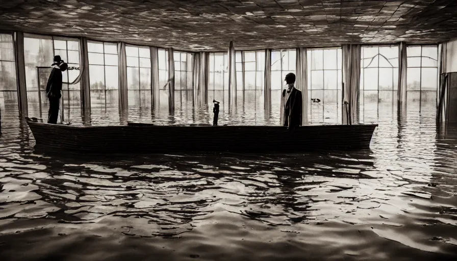 Prompt: a man in a organic barque in a flooded soviet ballroom, leica sl 2 technicolor, heavy grain, high quality, high detail