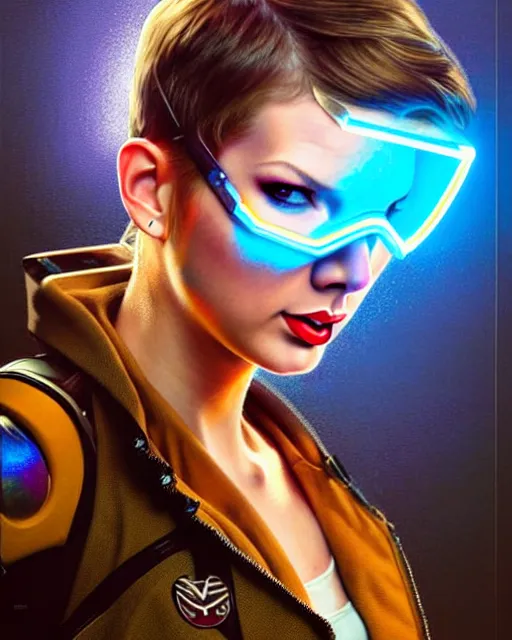 Prompt: taylor swift as tracer from overwatch, see through glass hologram mask, character portrait, portrait, close up, concept art, intricate details, highly detailed, vintage sci - fi poster, retro future, vintage sci - fi art, in the style of chris foss, rodger dean, moebius, michael whelan, and gustave dore