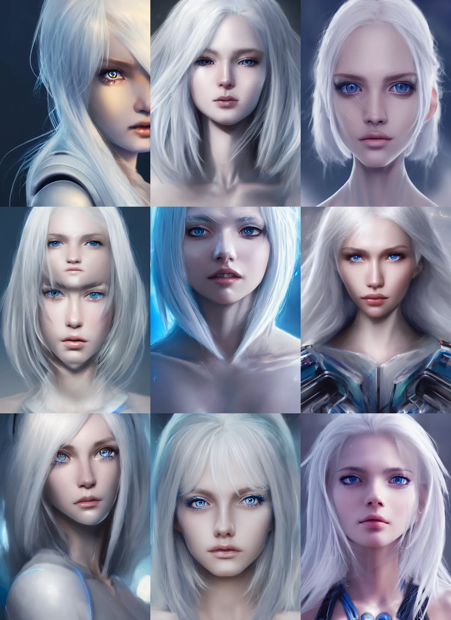 Prompt: detailed portrait of perfect white haired girl, android, beautiful, pretty face, blue cyborg eyes, innocent, scifi, 4 k, sun yunjoo, ultra realistic, aura of light, cinematic lighting, highly detailed, sharp focus, artstation, masterpiece, art by hyungjin yang