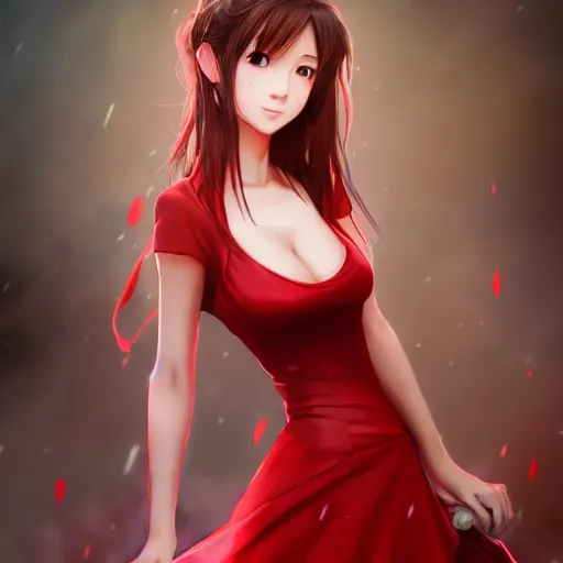 Image similar to red dress of aerith gainsborough by WLOP, rossdraws, Logan Cure, Mingchen Shen, BangkuART, sakimichan, yan gisuka, JeonSeok Lee, zeronis, Chengwei Pan on artstation