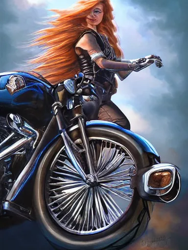 Image similar to handsome man with long hair riding a harley davidson. intricate, elegant, highly detailed, digital painting, artstation, concept art, sharp focus, illustration, by justin gerard and artgerm, 8 k