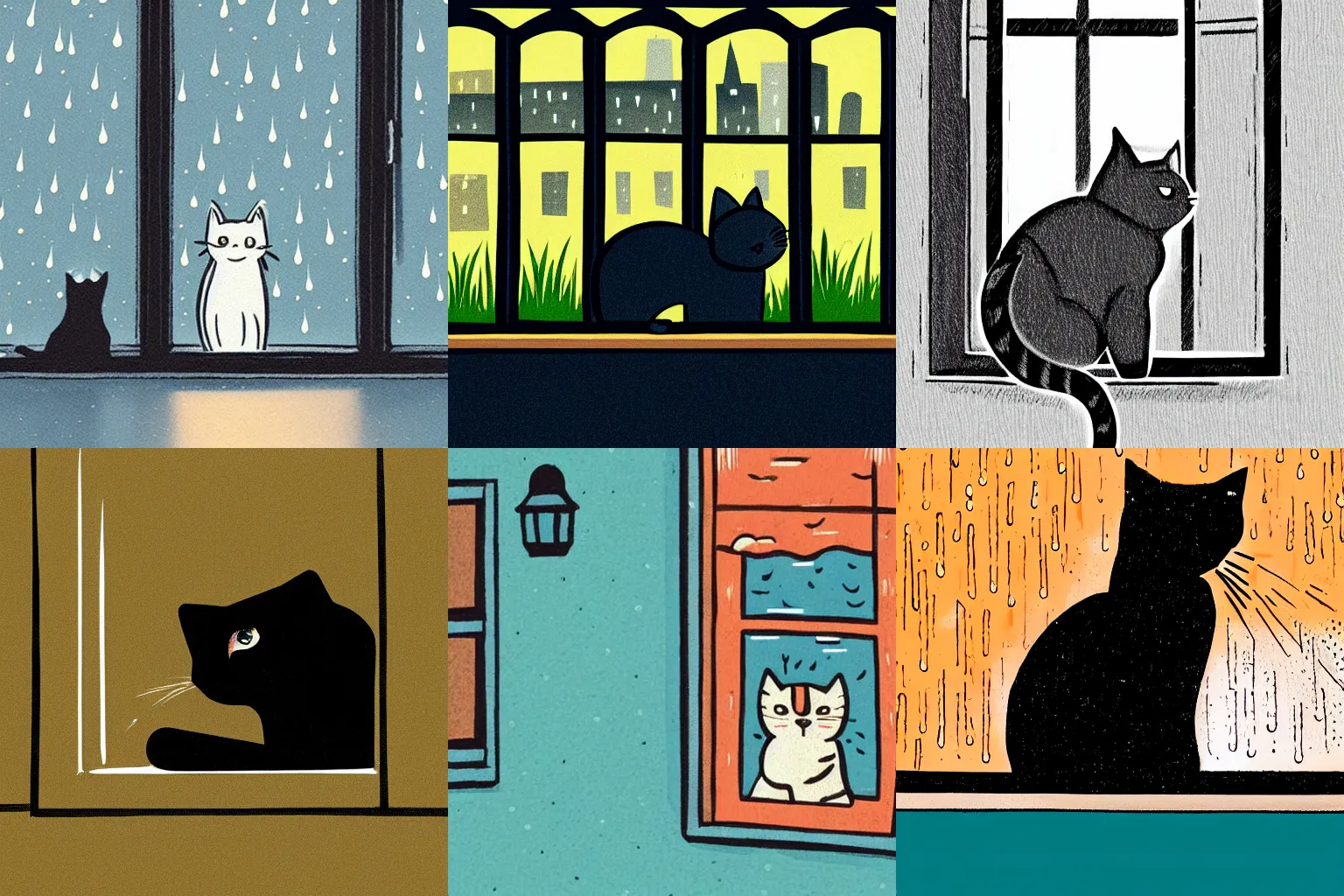 Prompt: cat looking outside a window, rainy city at night, illustration