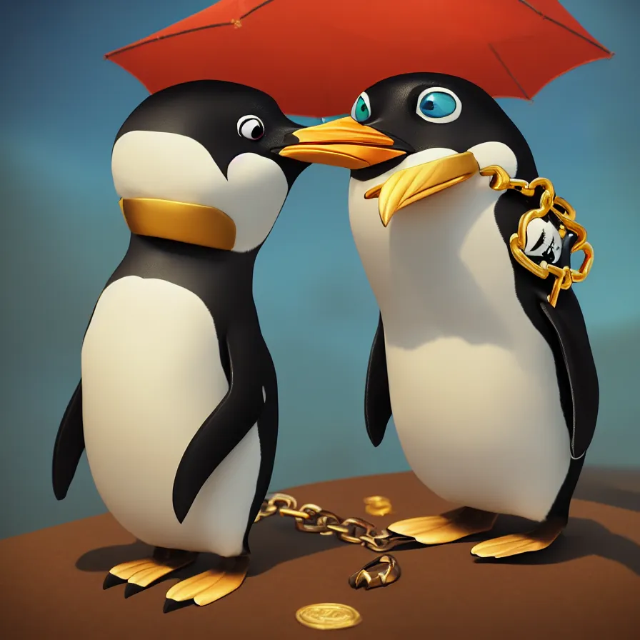 Prompt: an epic chibi comic book style portrait painting of a penguin with a gold chain, character design by mark ryden and pixar and hayao miyazaki, unreal 5, daz, hyperrealistic, octane render, cosplay, rpg portrait, dynamic lighting, intricate detail, harvest fall vibrancy, cinematic