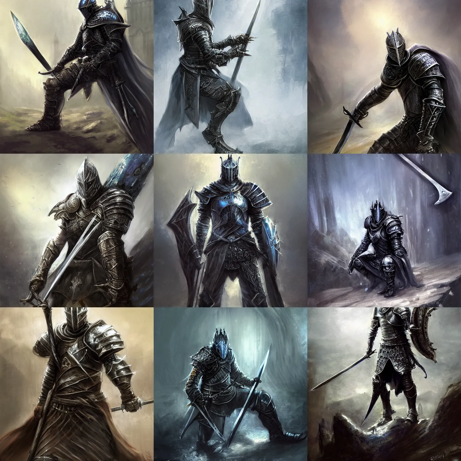 Prompt: a knight crouching down holding a sword over his head by daniel gerhartz, artorias, abysswalker, dark souls, featured on deviantart, fantasy art, concept art, 2 d game art, official art