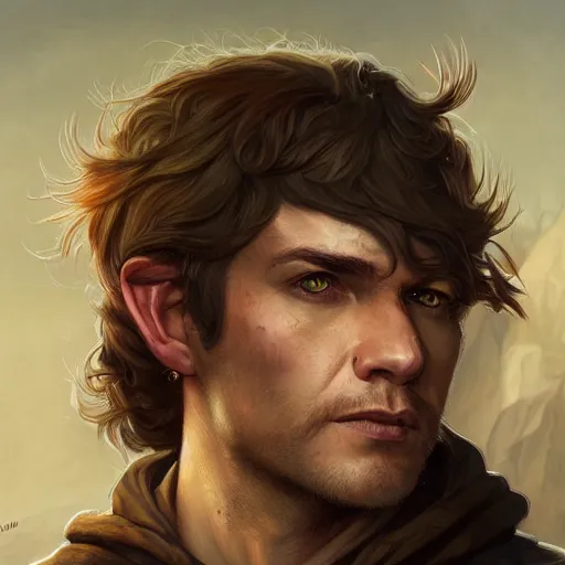 Image similar to portrait of fin wildcloak, shifty - eyed untrusting paranoid halfling male rogue adventurer, fantasy, highly detailed, digital painting, sharp focus, illustration, art by artgerm, greg rutkowski, and alphonse mucha