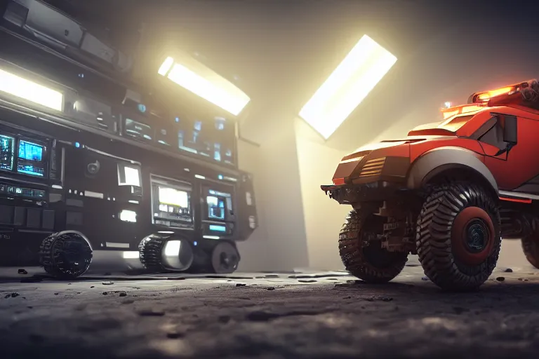 Image similar to still photo of a futuristic cyberpunk remote control truck, highly detailed, photorealistic portrait, bright studio setting, studio lighting, crisp quality and light reflections, unreal engine 5 quality render