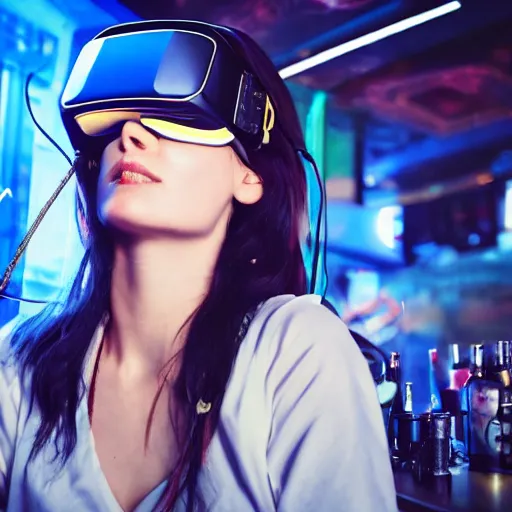 Image similar to a high quality portrait of a beautiful stunning pirate in a cyberpunk cyberpunk cyberpunk cafe wearing a VR visor, realism, 8k, award winning photo