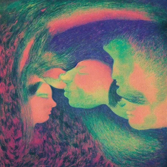 Prompt: close portrait of woman and man kissing. aurora borealis. iridescent, vivid psychedelic colors. painting by bosch, agnes pelton, utamaro, monet