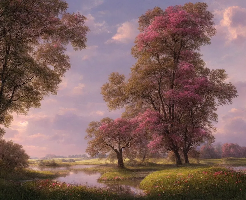 Prompt: epic landscape with rolling hills and a river, groups of old trees with flower meadowss on the river banks in a beautiful early morning mood with small pink clouds in the sky by clive madgwick and alexandre calame, godrays, golden ratio, velvia 5 0, large format camera, artstation, vray render