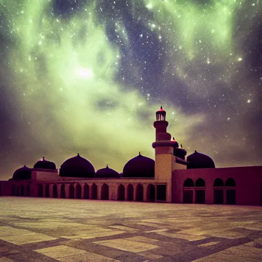 Prompt: mosque surrounded by nebula clouds