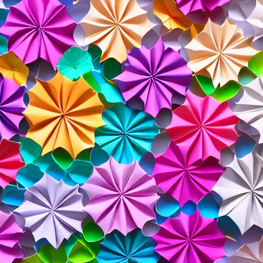 Prompt: origami flowers in multi colored paper, 3 d render, ultra detailed, on white background, studio shot