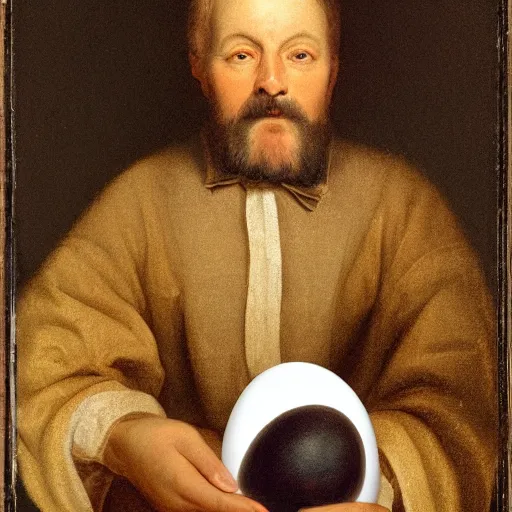 Image similar to a portrait of a man holding an egg