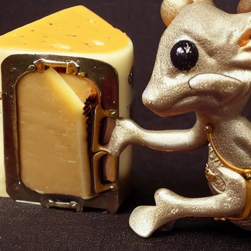 Image similar to dino mouse, guarding golden cheese, steampunk