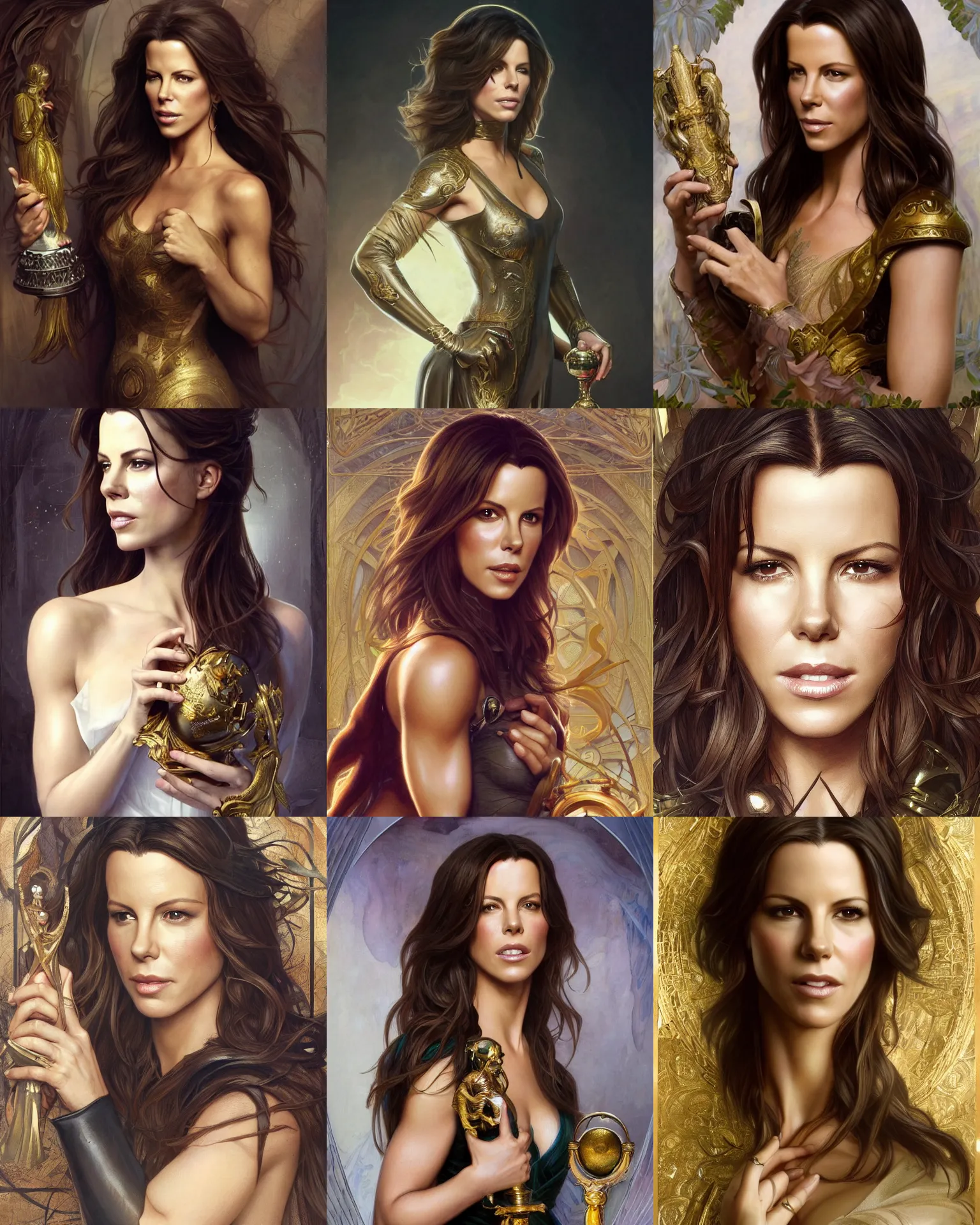 Prompt: a portrait of kate beckinsale, held a trophy on her hand, happy face, highly detailed, art by artgerm and greg rutkowski and fra angelico and alphons mucha