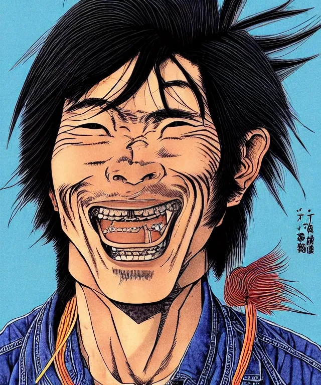 Prompt: a portrait of ruggedly handsome young japanese man with a who is smiling into the camera, his hair is messy and wild, a masterful and highly - skilled full color illustration by otomo katsuhiro and terada katsuya, anatomically correct, sharp focus, m, vivid colors