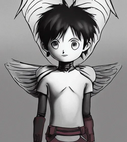 Image similar to attractive little boy wearing an cyborg angel suit, artwork in kentaro miura and made in abyss, inspired in astroboy smooth, beautiful lightness, anatomically correct, trending on pixiv, fascist composition, realistic