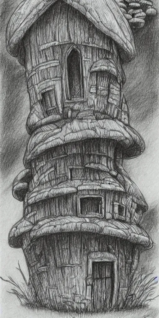 Prompt: pencil drawing of a mushroom house, highly detailed