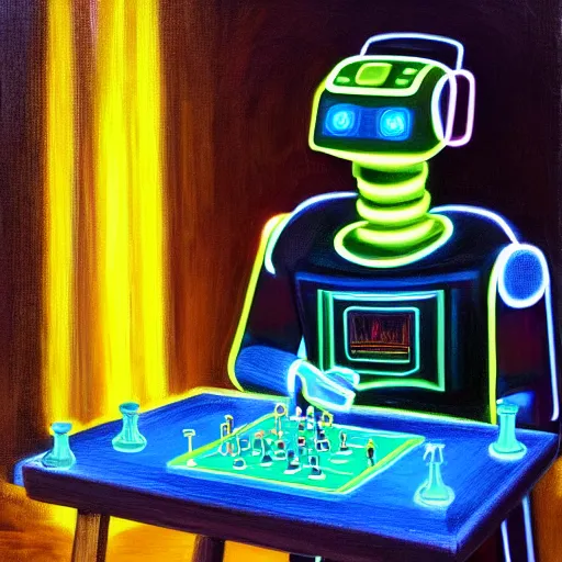 Image similar to a very smart robot playing neon chess sitting at a table, cyberpunk, oil painting