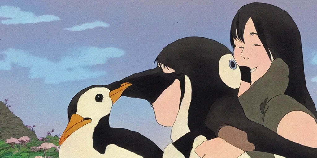 Prompt: a girl with a penguin on her shoulder, still from a studio ghibli film