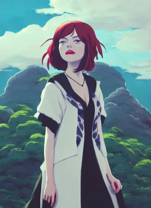 Image similar to portrait of emma stone starring cruella, cloudy sky background lush landscape illustration concept art anime key visual trending pixiv fanbox by wlop and greg rutkowski and makoto shinkai and studio ghibli