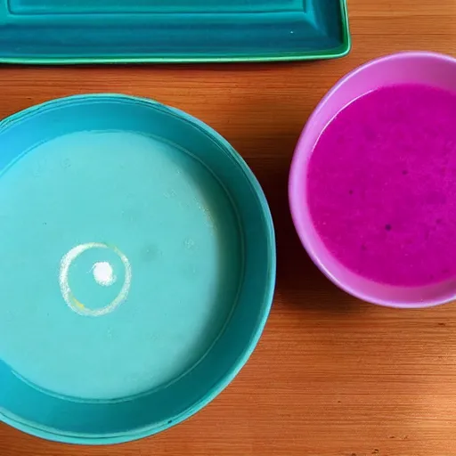 Prompt: a cyan and pink soup.