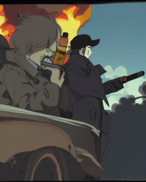 Image similar to a fox in a black trench - coat, smoking a cigarette in front of a huge explosion in the middle of a war, style of anime