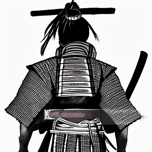 Image similar to A FULL BODY PORTRAIT FROM BEHIND OF A SAMURAI THAT HOLDS 2 KATANAS FROM VAGABOND, ,detailed, concept art, ink style , sketch black and white colors