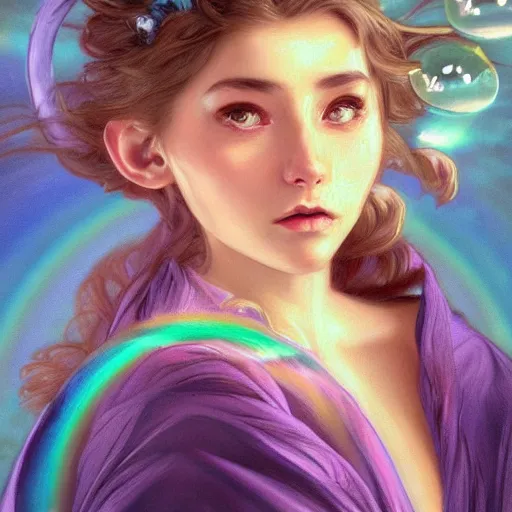 Image similar to dream portrait of a cat wizard wearing blue robes, dreamy and ethereal, expressive pose, big pink eyes, exciting expression, fantasy, intricate, elegant, many rainbow bubbles, rose tones, highly detailed, digital painting, artstation, concept art,cyberpunk wearing, smooth, sharp focus, illustration, art by artgerm and greg rutkowskiand alphonse mucha,Salvador Dali.