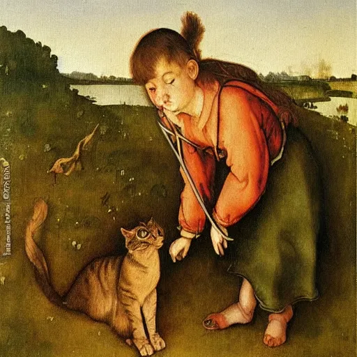 Image similar to oil painting of a girl trying to rescue a cat from a swamp by Albrecht Dürer