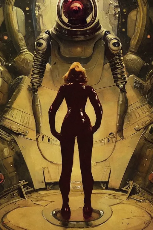 Prompt: pulp scifi fantasy illustration full body portrait elegant woman wearing latex spacesuit with huge martian creature in background, by norman rockwell, jack kirby, bergey, craig mullins, ruan jia, jeremy mann, tom lovell, 5 0 s, astounding stories, fantasy