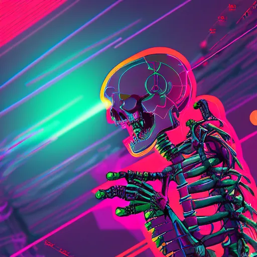 Image similar to a skeleton in cyberspace, his hands behind his back, laughing, detailed, outrun, synthwave, vaporwave, complimenting color scheme