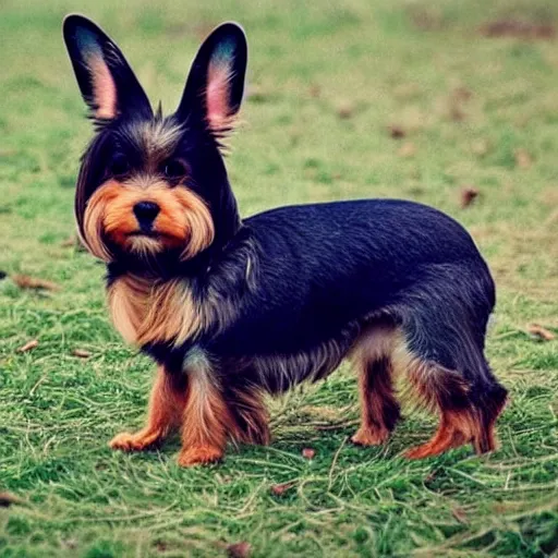 Prompt: a floppy - eared bunny and yorkie dog hybrid, bunny - yorkie, wildlife photography, realistic