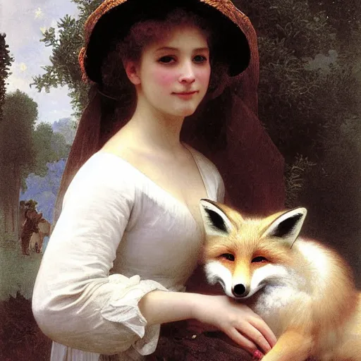 Image similar to An anthropomorphic fox woman wearing a white sunbonnet, portrait by Robert Cleminson and William-Adolphe Bouguereau