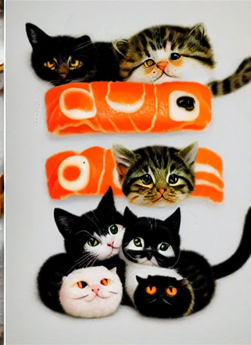 Image similar to clear photorealistic picture of adorable cats made out of sushi