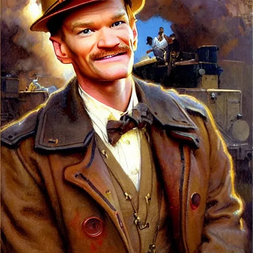 Prompt: neil patrick harris is a railroad worker, painting by gaston bussiere, craig mullins, j. c. leyendecker, tom of finland