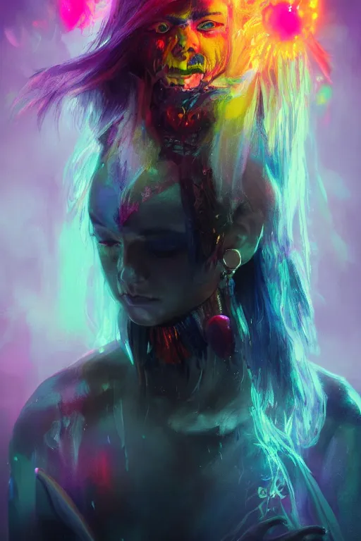 Image similar to a fancy portrait of a young Demon girl covered in rainbow flames by Greg Rutkowski, Sung Choi, Mitchell Mohrhauser, Maciej Kuciara, Johnson Ting, Maxim Verehin, Peter Konig, final fantasy , 8k photorealistic, cinematic lighting, HD, high details, atmospheric , trending on artstation