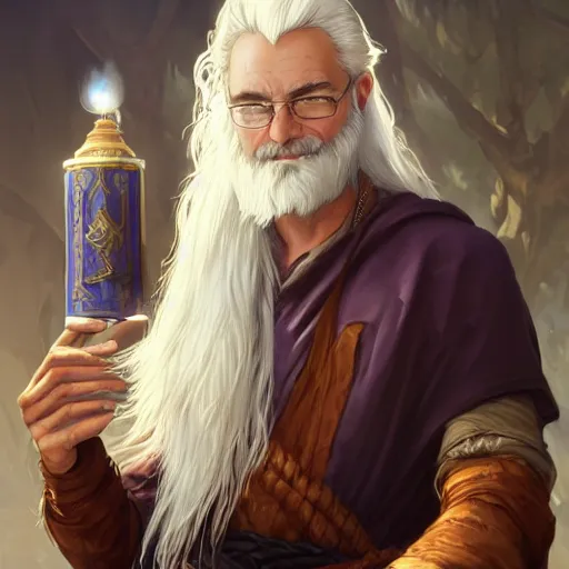 Image similar to a man with white hair and beard, wearing nomadic clothing holding a soul jar portrait, backlight, rim lighting, deep focus, d & d, fantasy, intricate, elegant, highly detailed, digital painting, artstation, concept art, matte, centered, sharp focus, illustration, hearthstone, art by artgerm, greg rutkowski and alphonse mucha