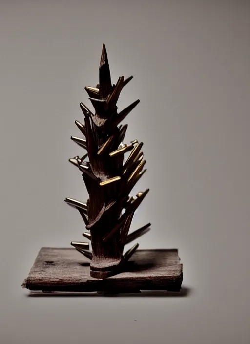 Prompt: ultra realistic photograph of a a old wooden sculpture object of a pants made of dark old cherry wood, covered with tiny brass spikes on a grey background, centered composition, archival photography, metropolitan museum archival photo documentation, archaeology, 1 9 9 0, life magazine photo, neutral colors