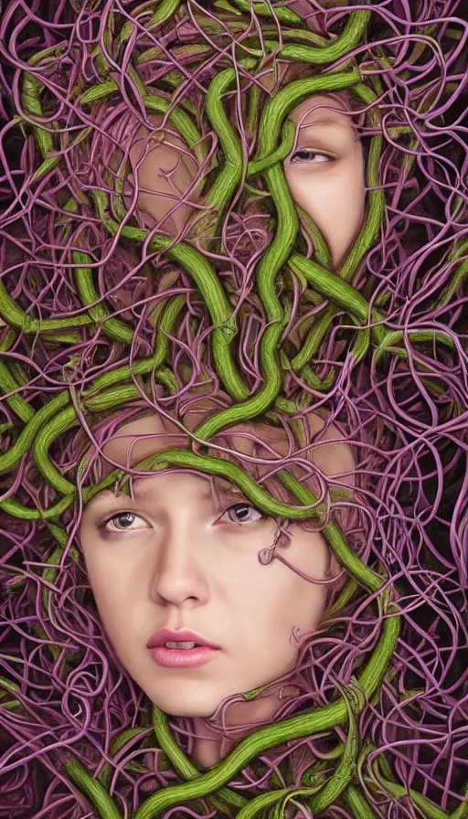 Image similar to very detailed portrait of a 2 0 years old girl surrounded by tentacles, the youg woman visage is blooming from fractal and vines, by jason de graaf