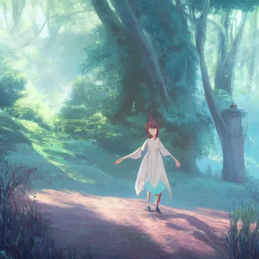 Image similar to concept art painting of a white rabbit wearing a turquoise dress, in the deep forest, realistic, detailed, cel shaded, in the style of makoto shinkai and greg rutkowski and james gurney