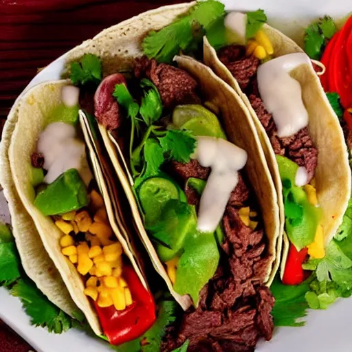 Prompt: fresh, steaming taco, beef taco, stuffed with extras, authentic street taco, sizzling beef