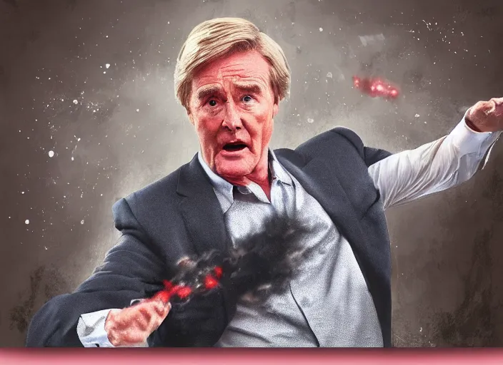 Prompt: action shot of ken barlow from coronation Street performing a hadouken, realistic, detailed, cinematic, concept art, digital art,