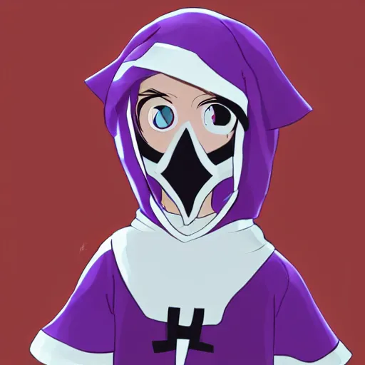 Prompt: cute little boy wearing an skull mask and dressed in an nun outfit, purple color palette, artwork made in made in abyss art style, inspired in ddtank and hirohiko araki, ray tracing, soft details, anatomically correct, aesthetic